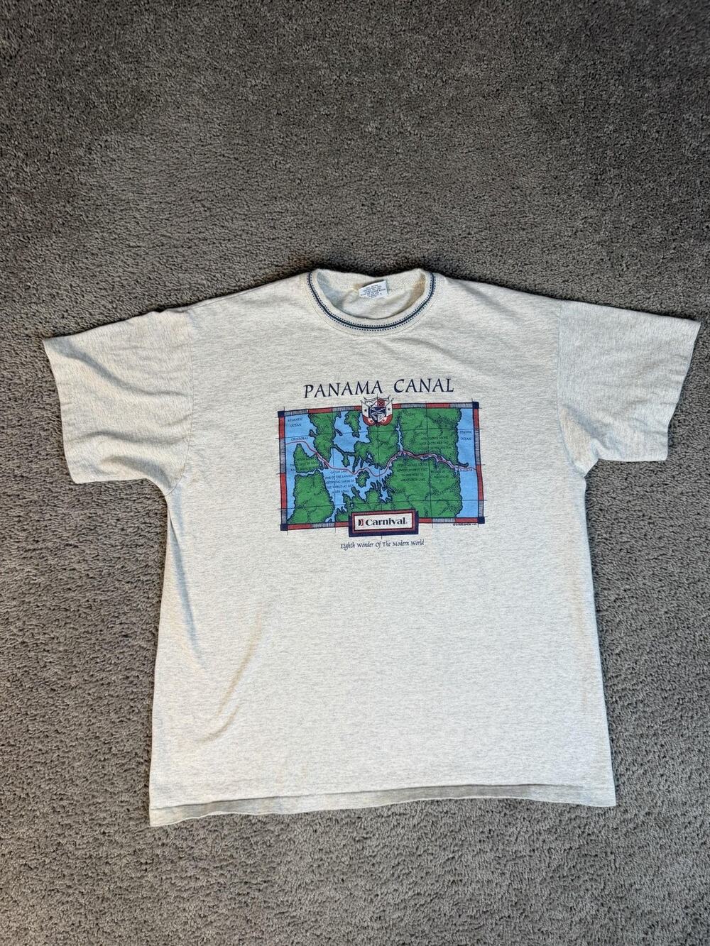 Vintage Panama Canal Shirt Mens XL Gray Graphic Crew Neck Cotton Ringer